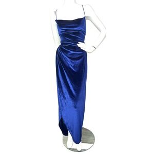 Lucy in the Sky Blue Velvet Asymmetrical Maxi Dress Cowl Neck Slit Medium EUC